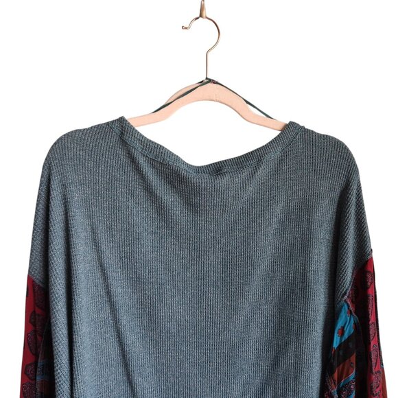 Free People Sweater Large Teal Green Blue Women's Mixed Media Top Boho Shirt - Picture 8 of 9